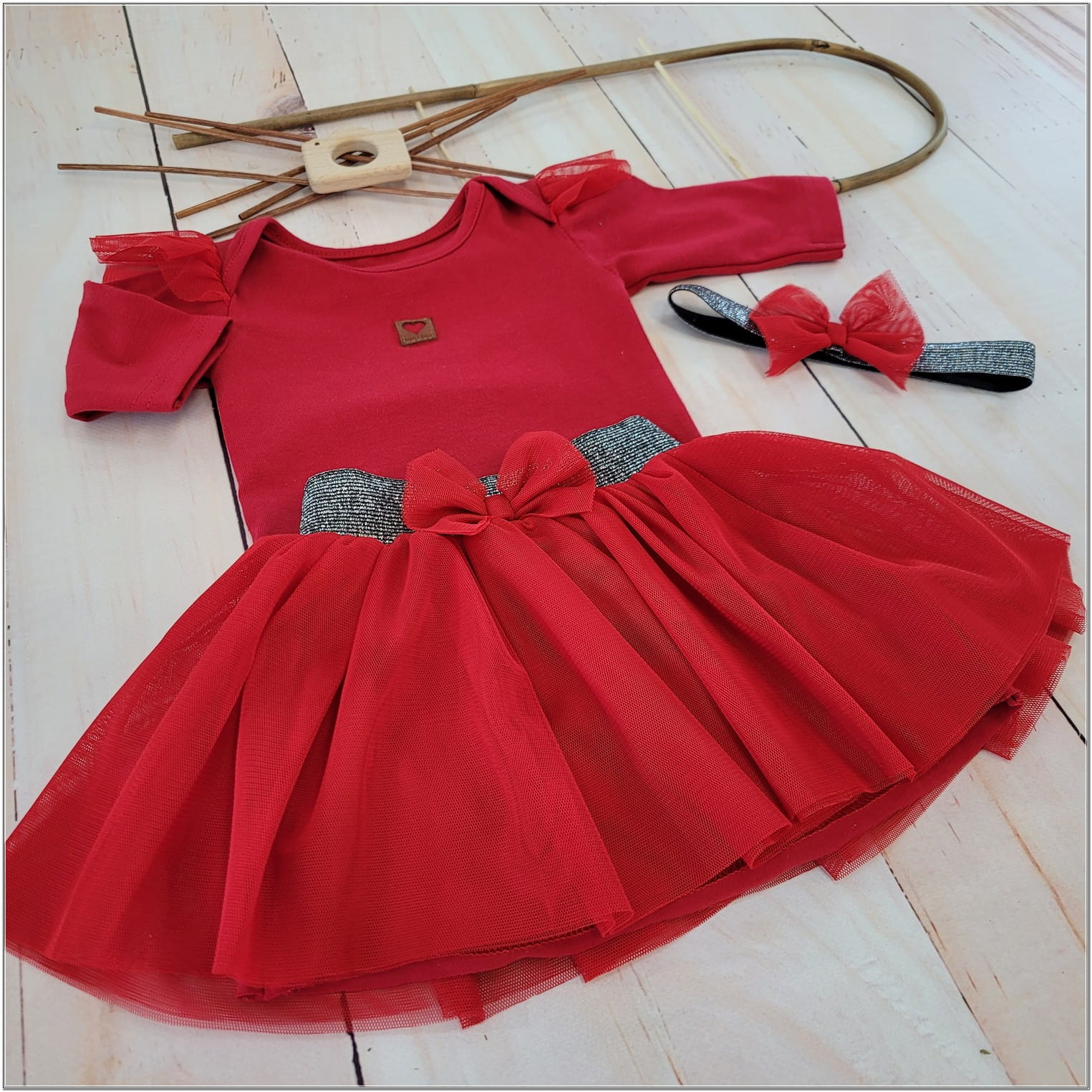 detský komplet body, suknička a čelenka červený