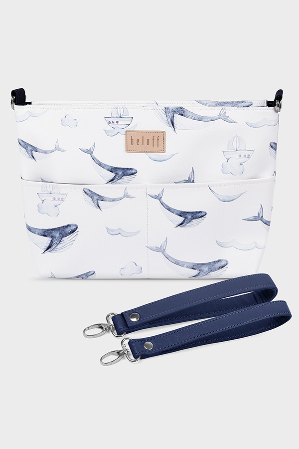 L taška na kočík s motívom veľrýb biela