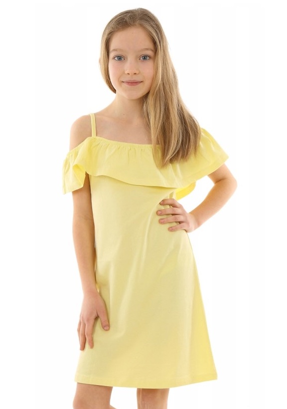 dievčenské šaty na ramienka s volánom žlté