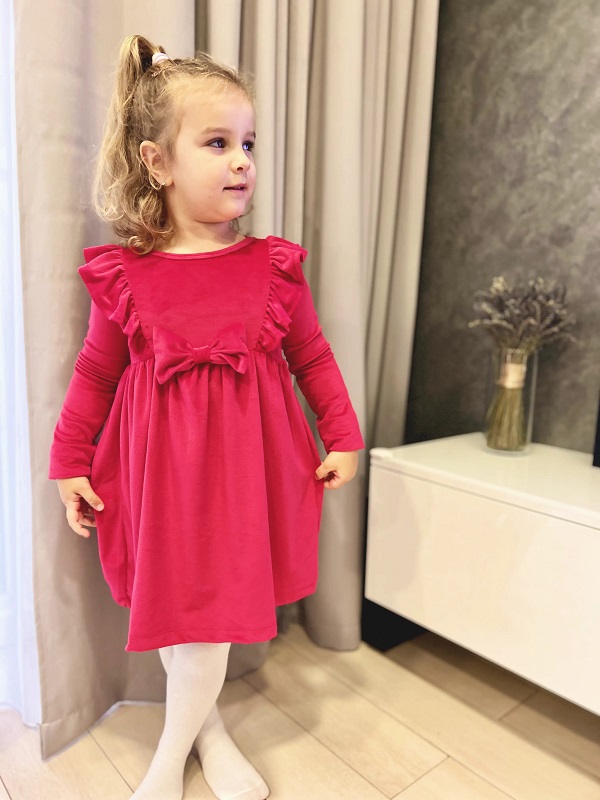 dievčenské velúrové šaty s mašľou červené