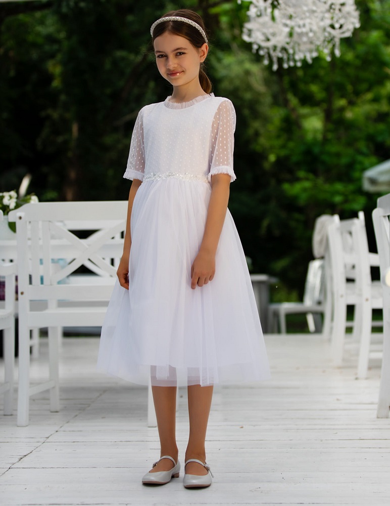 dievčenské šaty s bodkovanou čipkou na 1. sv. prijímanie biele
