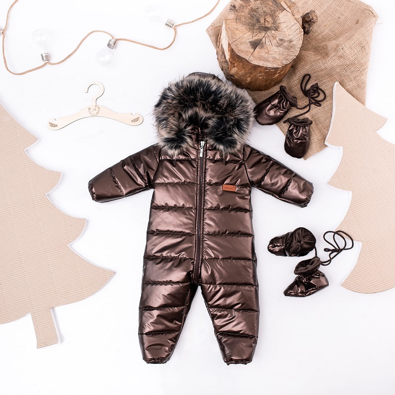 detský zimný overal s kožušinou čokoládový lesklý
