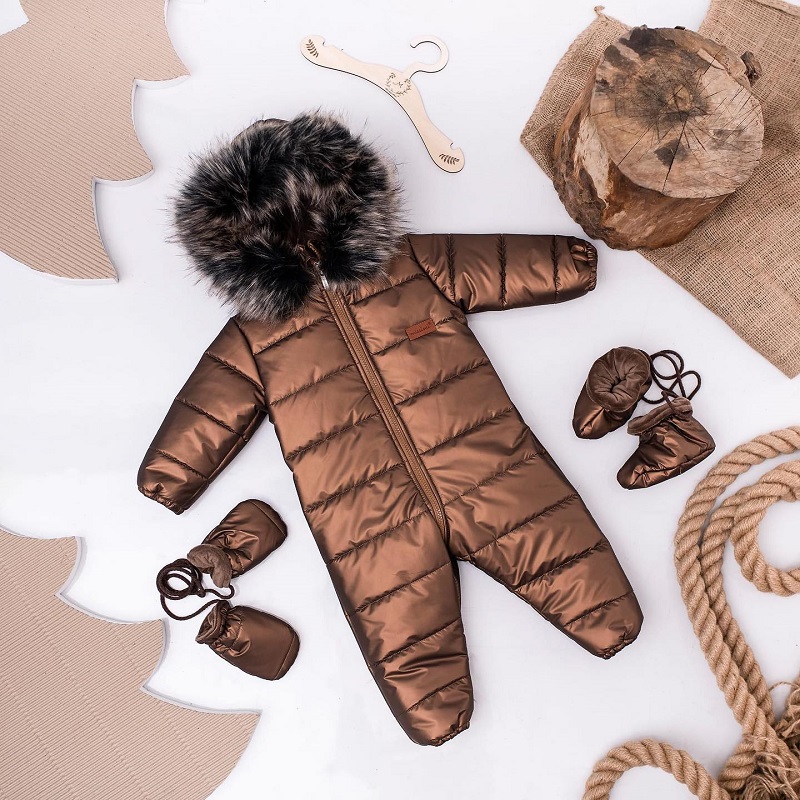 detský zimný overal s kožušinou bronzový lesklý