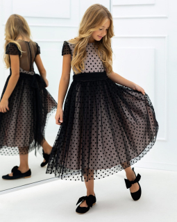 dievčenské tylové bodkované šaty čierne