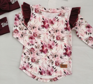 dievčenské kvetinové tričko s volánom VIOLET vínové