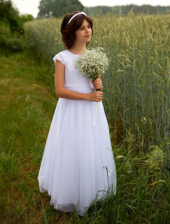 dievčenské dlhé tylové šaty s krajkou na 1. sv. prijímanie biele