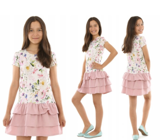 detské bavlnené kvetinové šaty s volánmi ružové