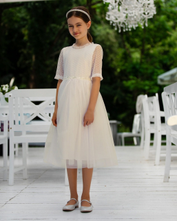 dievčenské šaty s bodkovanou čipkou na 1. sv. prijímanie ecru