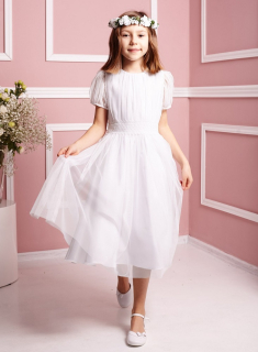dievčenské šaty s tylovými rukávmi OKTAWIA biele
