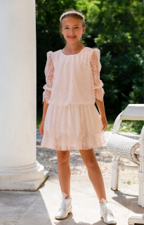 dievčenské čipkované šaty s volánom svetloružové
