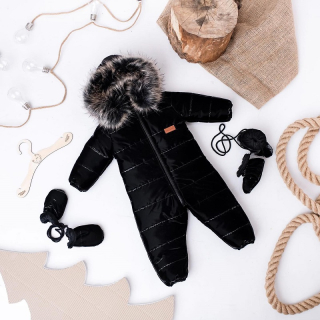 detský zimný overal s kožušinou čierny lesklý