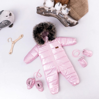 detský zimný overal s kožušinou ružový perlový