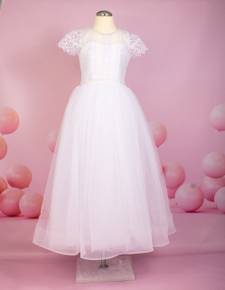 dievčenské dlhé slávnostné šaty s perličkami biele
