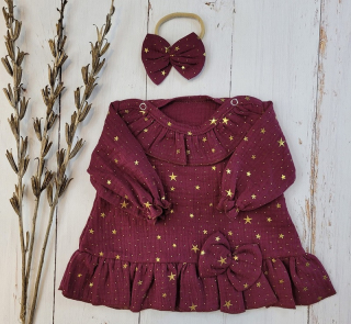 dievčenské mušelínové šaty s čelenkou Hviezdičky bordové