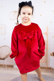 dievčenské velúrové šaty s mašľou a trblietkami červené